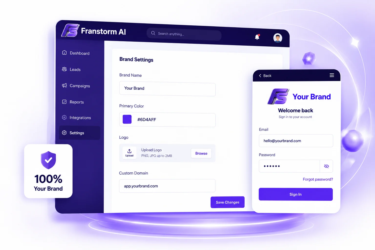 Franstorm white label brand settings dashboard